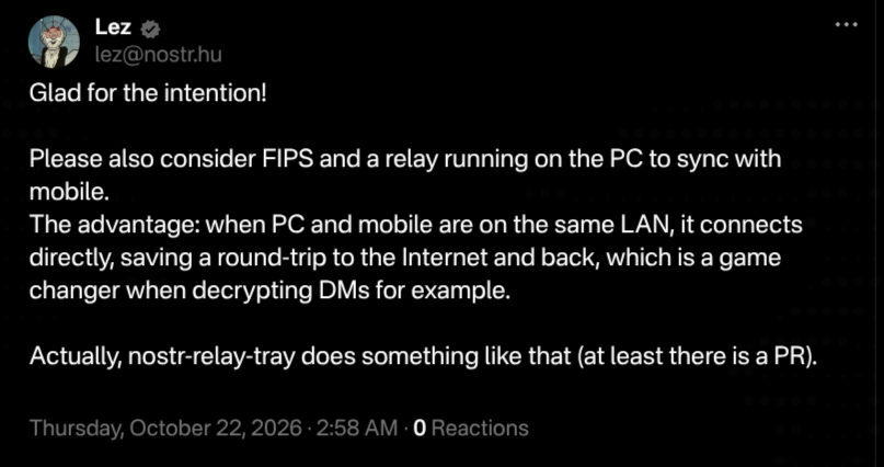 Lez’s Nostr post suggesting FIPS and a relay on the PC that syncs with mobile.